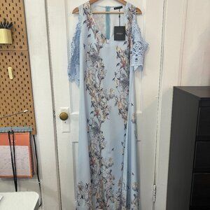 NWT JustFashionNow Women's Blue Floral Print Cold Shoulder Maxi Dress, Size M